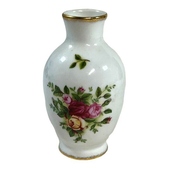 Vintage ROYAL ALBERT OLD COUNTRY ROSES BUD VASE / 1962 Floral Gold Trim 4" Mini - Picture 5 of 7